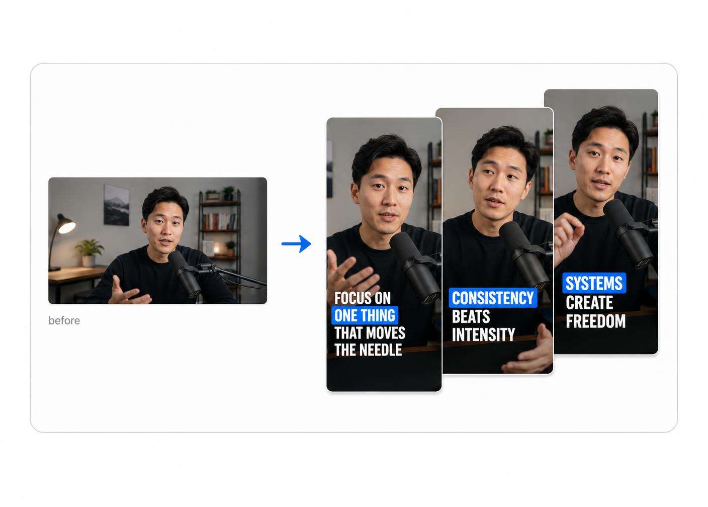 One long recording turned into three vertical captioned clips