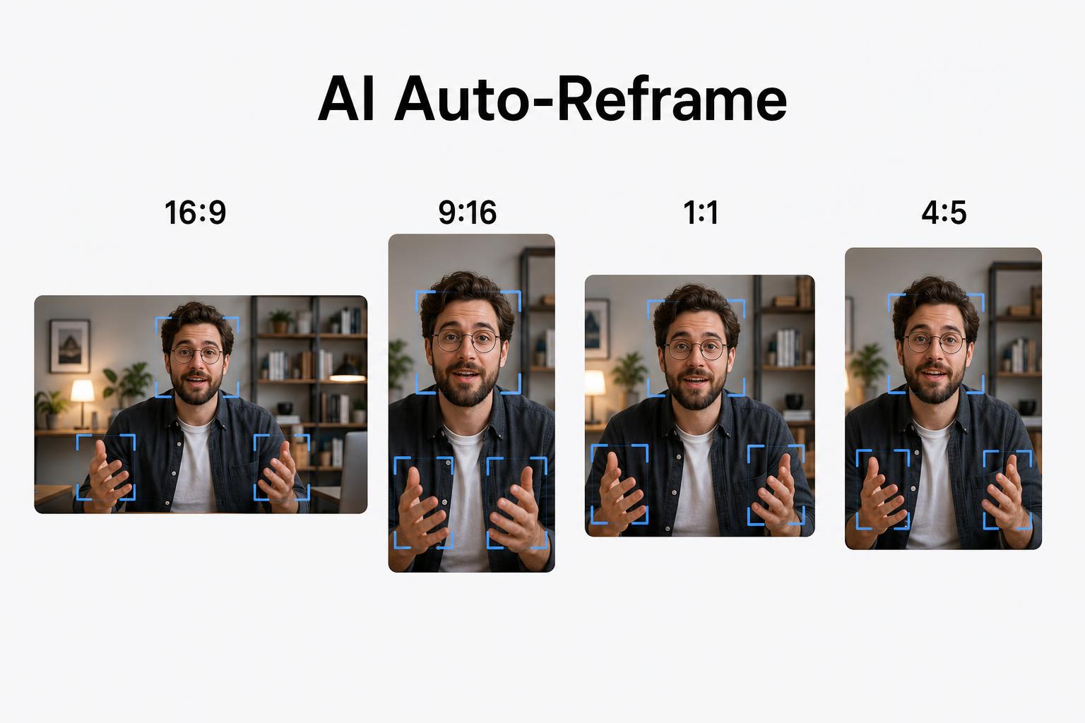 Source 16:9 video compared with 9:16 and 1:1 auto-reframed outputs