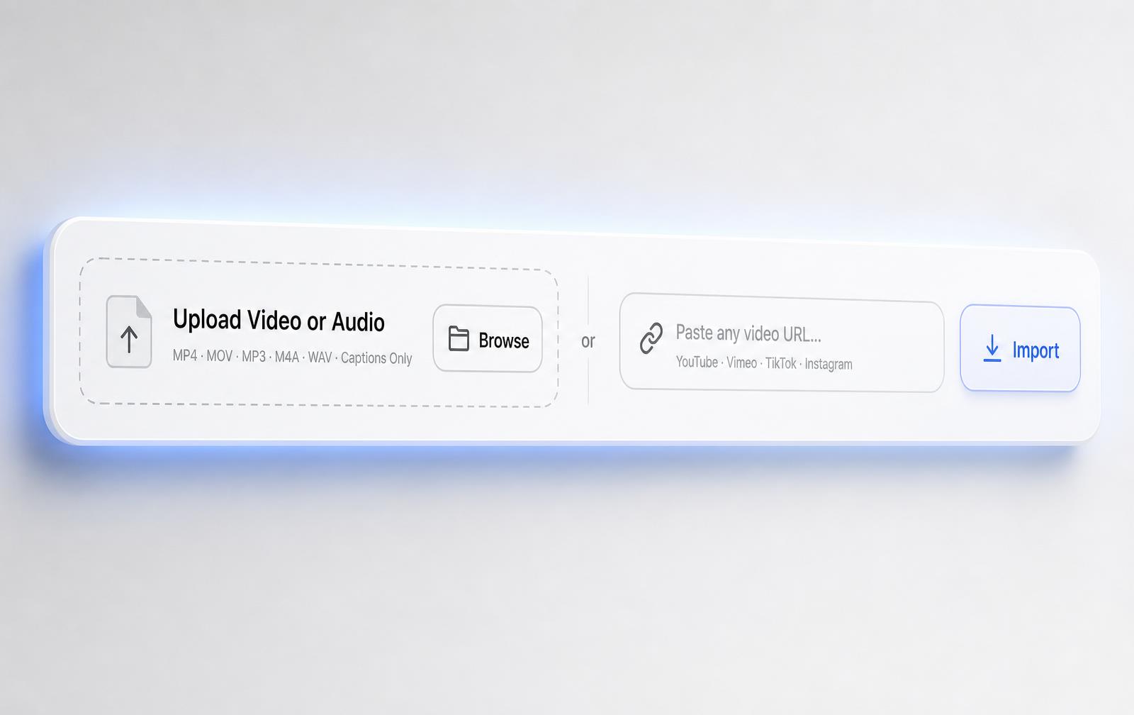 ClipChip.ai drag-and-drop import zone with file format badges and progress bar