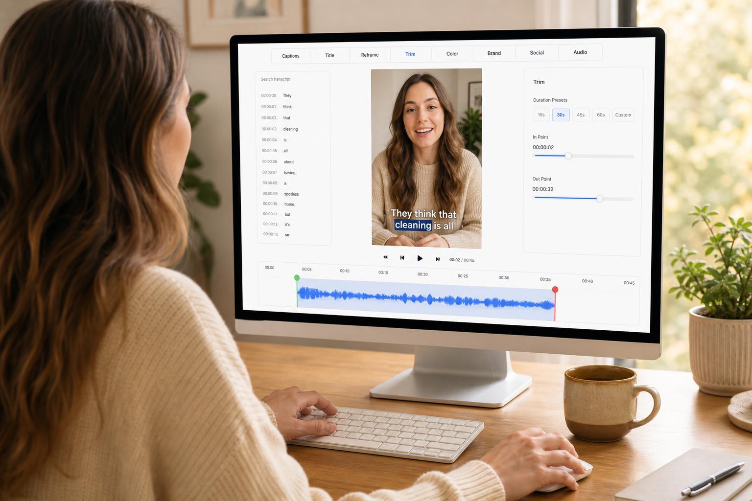 Solo creator casually editing viral clips in ClipChip.ai at a home desk