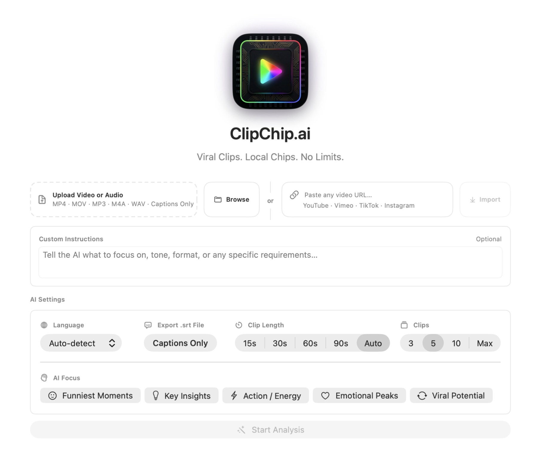 ClipChip.ai import screen showing local, cloud-free video upload