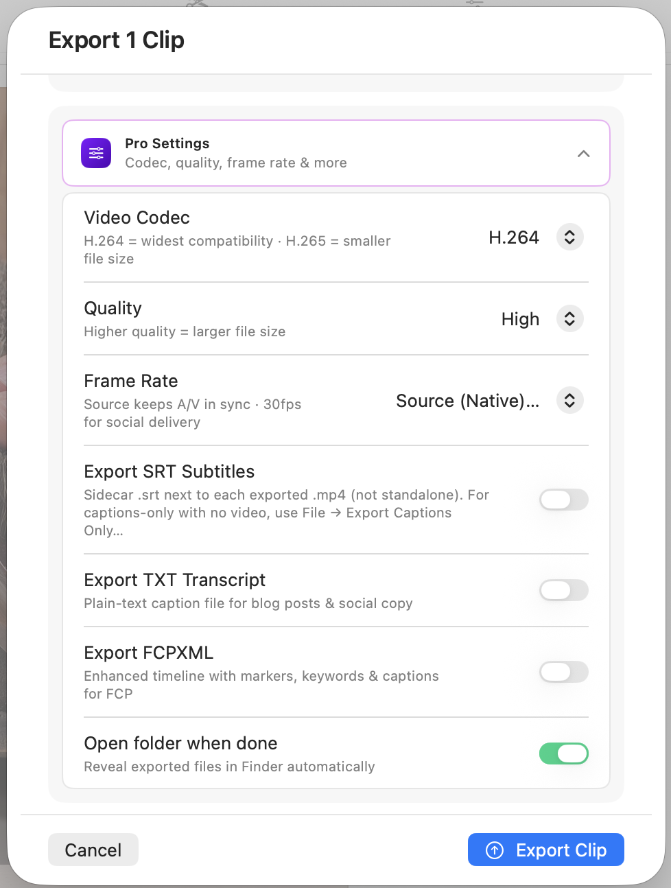ClipChip.ai export panel with ranked clip list, caption preview, format selector, and export button